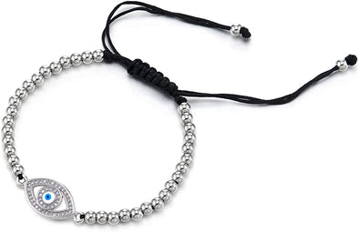 Womens Bead Chain Bracelet with Cubic Zirconia Protection Evil Eye, Adjustable - COOLSTEELANDBEYOND Jewelry
