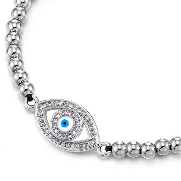 Womens Bead Chain Bracelet with Cubic Zirconia Protection Evil Eye, Adjustable - COOLSTEELANDBEYOND Jewelry