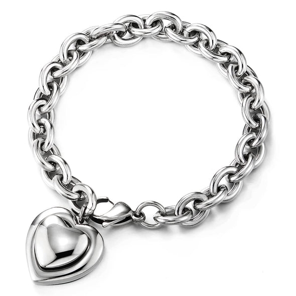 Womens Stainless Steel Oval Rolo Link Chain Bracelet with Dangling Puff Heart, High Polished - COOLSTEELANDBEYOND Jewelry