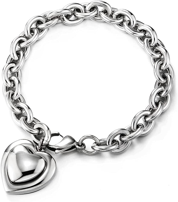 Womens Stainless Steel Oval Rolo Link Chain Bracelet with Dangling Puff Heart, High Polished - COOLSTEELANDBEYOND Jewelry