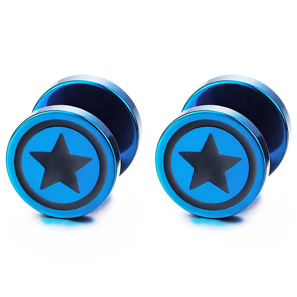 Men Women Blue Circle Star Stud Earring Black Enamel, Steel Cheater Fake Ear Plugs Gauges Tunnel - COOLSTEELANDBEYOND Jewelry