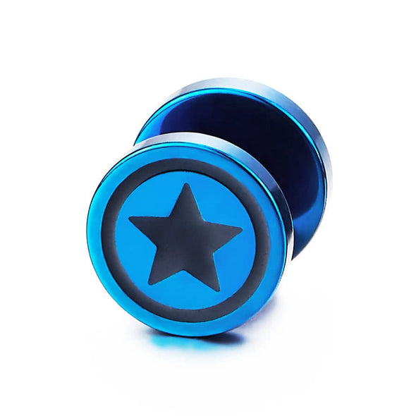 Men Women Blue Circle Star Stud Earring Black Enamel, Steel Cheater Fake Ear Plugs Gauges Tunnel - COOLSTEELANDBEYOND Jewelry