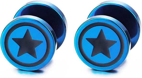 Men Women Blue Circle Star Stud Earring Black Enamel, Steel Cheater Fake Ear Plugs Gauges Tunnel - COOLSTEELANDBEYOND Jewelry