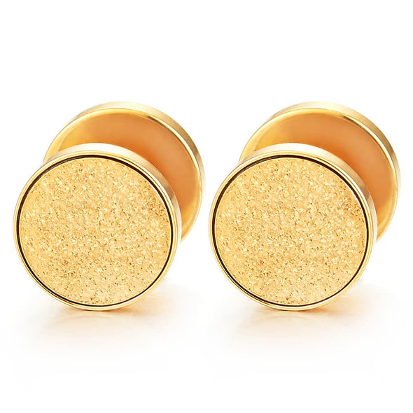 Men Women Gold Color Screw Circle Stud Earrings with Sand Glitter, Steel Cheater Fake Plugs Gauges - COOLSTEELANDBEYOND Jewelry