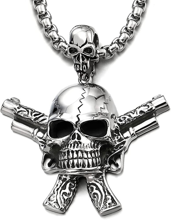 Mens Large Gun Pistol Skull Pendant Necklace Stainless Steel Polished with 30 in Wheat Chain - COOLSTEELANDBEYOND Jewelry