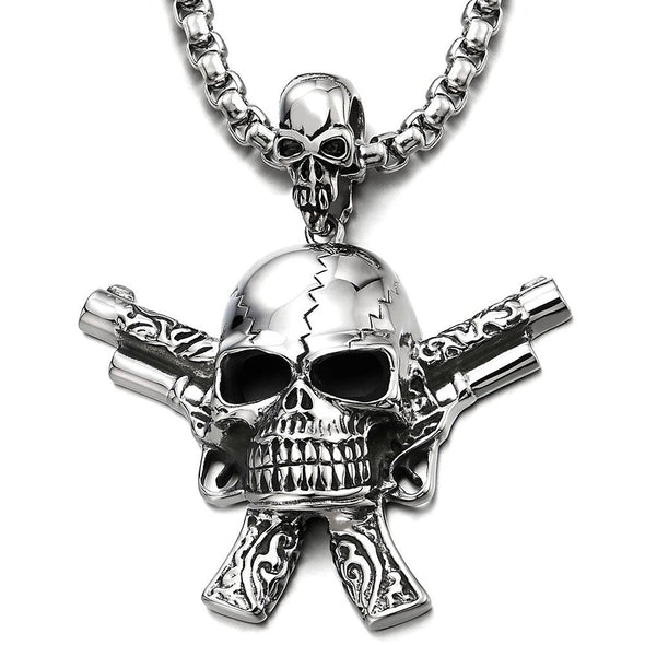 Mens Large Gun Pistol Skull Pendant Necklace Stainless Steel Polished with 30 in Wheat Chain - COOLSTEELANDBEYOND Jewelry