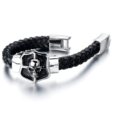Mens Large Skull Leather Bracelet in Stainless Steel and Genuine Leather Straps 9 Inch Gothic Style - COOLSTEELANDBEYOND Jewelry