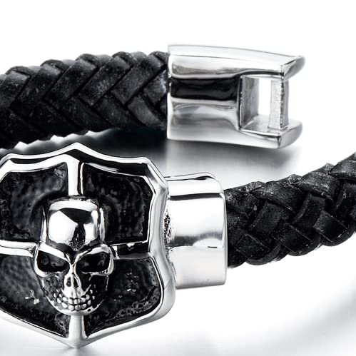 Mens Large Skull Leather Bracelet in Stainless Steel and Genuine Leather Straps 9 Inch Gothic Style - COOLSTEELANDBEYOND Jewelry