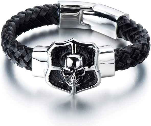 Mens Large Skull Leather Bracelet in Stainless Steel and Genuine Leather Straps 9 Inch Gothic Style - COOLSTEELANDBEYOND Jewelry