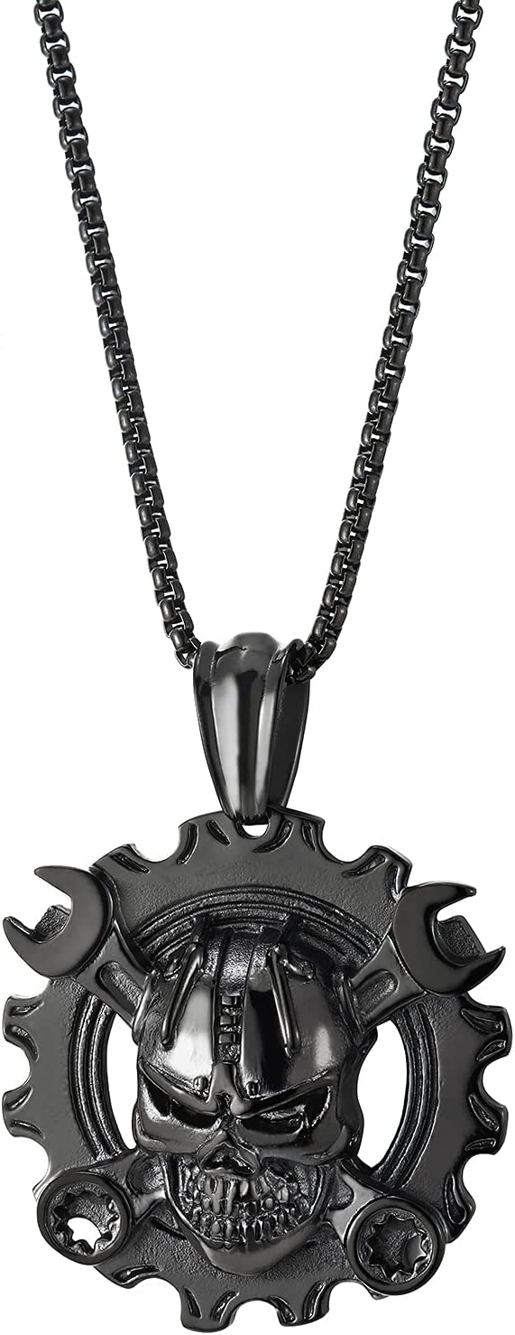 Mens Steel Vintage Mechanic Wrench Gear Wheel Skull Pendant Necklace 30 in Wheat Chain Biker Gothic - COOLSTEELANDBEYOND Jewelry