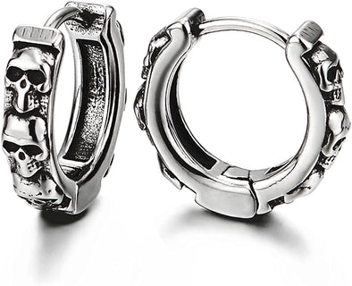 Mens Women Stainless Steel Chain of Skulls Circle Huggie Hinged Hoop Earrings 2 pcs - COOLSTEELANDBEYOND Jewelry