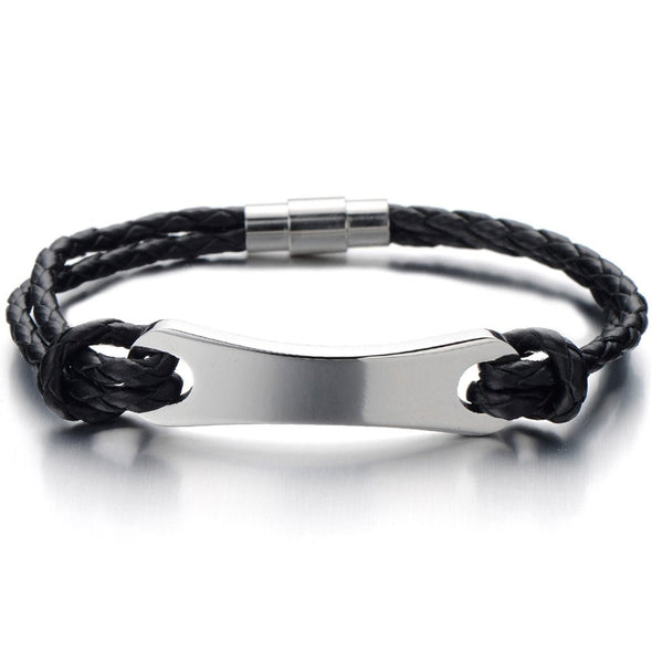 Mens Women Steel ID Identity Bracelet with Genuine Braided Leather Bangle Bracelet Wristband - COOLSTEELANDBEYOND Jewelry