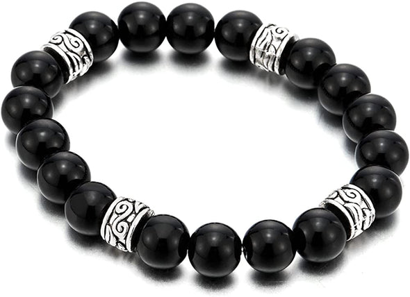 Mens Womens Black Beads Bracelet with 10mm Black Onyx and 4 Ethnic Metal Beads Charms, Prayer Mala - COOLSTEELANDBEYOND Jewelry