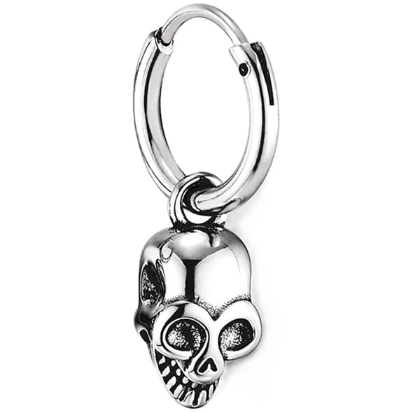 Mens Womens Stainless Steel Circle Huggie Hinged Hoop Earrings Dangle with Skull Charms 2pcs - COOLSTEELANDBEYOND Jewelry