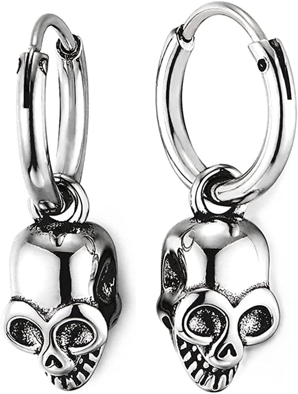 Mens Womens Stainless Steel Circle Huggie Hinged Hoop Earrings Dangle with Skull Charms 2pcs - COOLSTEELANDBEYOND Jewelry