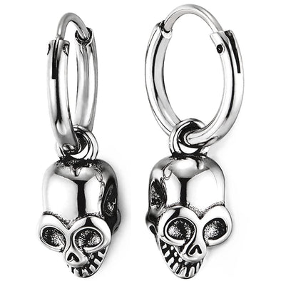 Mens Womens Stainless Steel Circle Huggie Hinged Hoop Earrings Dangle with Skull Charms 2pcs - COOLSTEELANDBEYOND Jewelry