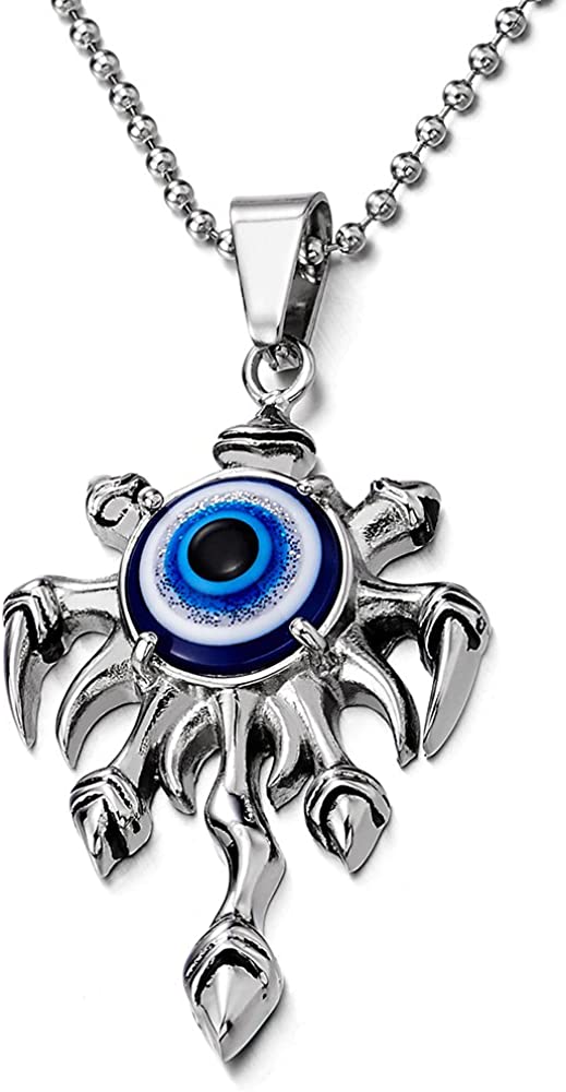 Mens Womens Steel Evil Eye Protection Pendant Necklace with 30 inches Ball Chain - COOLSTEELANDBEYOND Jewelry