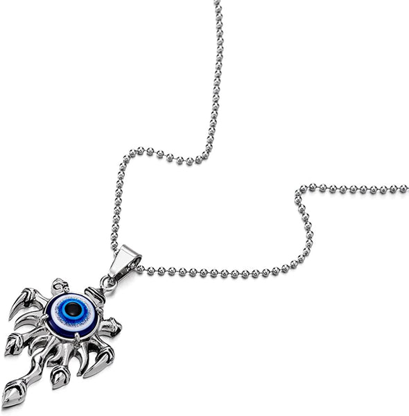 Mens Womens Steel Evil Eye Protection Pendant Necklace with 30 inches Ball Chain - COOLSTEELANDBEYOND Jewelry