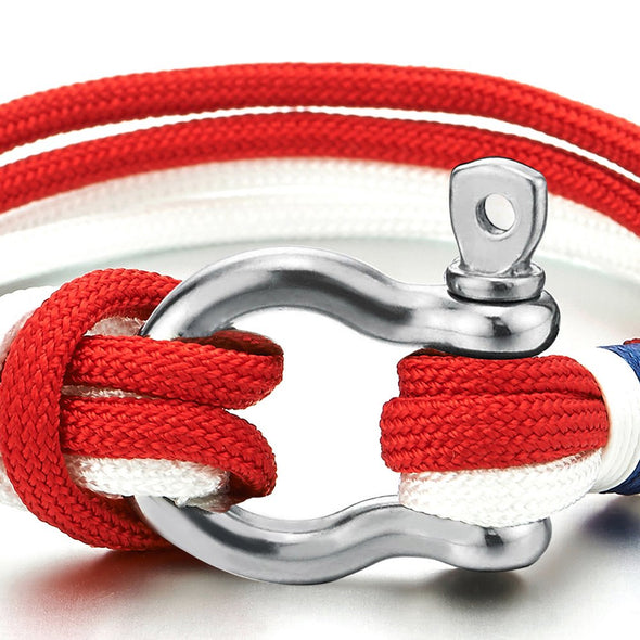 Mens Womens Steel Screw Anchor Shackles Red White Nautical Sailor Rope Cord Wrap Bracelet Wristband - COOLSTEELANDBEYOND Jewelry