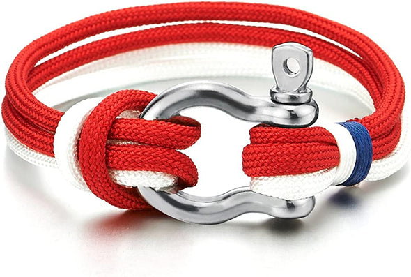 Mens Womens Steel Screw Anchor Shackles Red White Nautical Sailor Rope Cord Wrap Bracelet Wristband - COOLSTEELANDBEYOND Jewelry