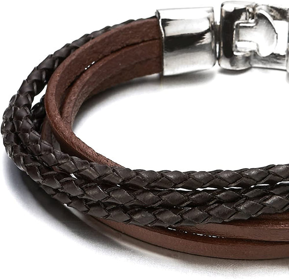 Multi-Strand Black Brown Braided Leather Bracelet for Men and Women - COOLSTEELANDBEYOND Jewelry