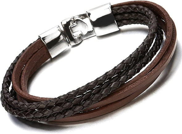 Multi-Strand Black Brown Braided Leather Bracelet for Men and Women - COOLSTEELANDBEYOND Jewelry