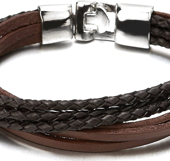 Multi-Strand Black Brown Braided Leather Bracelet for Men and Women - COOLSTEELANDBEYOND Jewelry