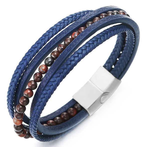 Multi-Strand Brown Gem Stone Bead Chain Blue Braided Leather Bracelet Wristband Steel Magnetic Clasp - COOLSTEELANDBEYOND Jewelry