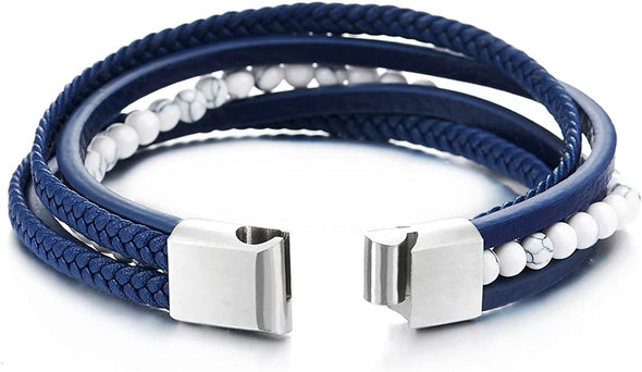 Multi-Strand White Gem Stone Bead Chain Blue Braided Leather Bracelet Wristband Steel Magnetic Clasp - COOLSTEELANDBEYOND Jewelry