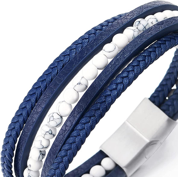 Multi-Strand White Gem Stone Bead Chain Blue Braided Leather Bracelet Wristband Steel Magnetic Clasp - COOLSTEELANDBEYOND Jewelry