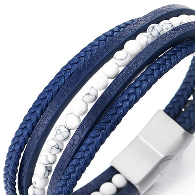 Multi-Strand White Gem Stone Bead Chain Blue Braided Leather Bracelet Wristband Steel Magnetic Clasp - COOLSTEELANDBEYOND Jewelry