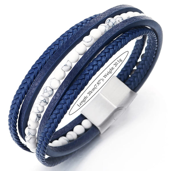 Multi-Strand White Gem Stone Bead Chain Blue Braided Leather Bracelet Wristband Steel Magnetic Clasp - COOLSTEELANDBEYOND Jewelry