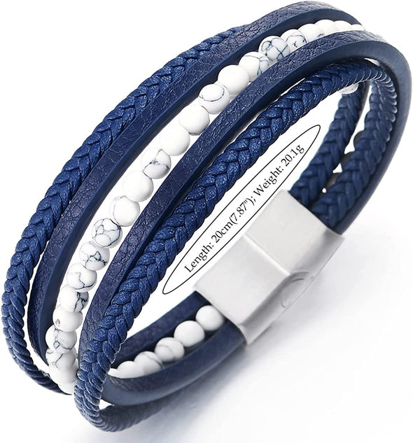 Multi-Strand White Gem Stone Bead Chain Blue Braided Leather Bracelet Wristband Steel Magnetic Clasp - COOLSTEELANDBEYOND Jewelry