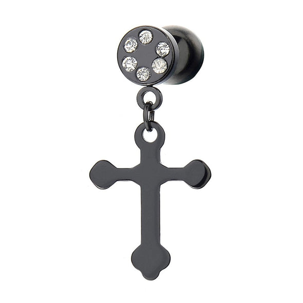 Pair Black Cross Screw Stud Earrings with Cubic Zirconia for Men Women - COOLSTEELANDBEYOND Jewelry