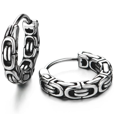 Pair Mens Women Byzantine Chain Circle Huggie Hinged Hoop Earrings Stainless Steel - COOLSTEELANDBEYOND Jewelry