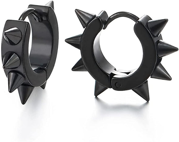 Pair of Black Spike Huggie Hinged Hoop Circle Earrings for Men Women - COOLSTEELANDBEYOND Jewelry