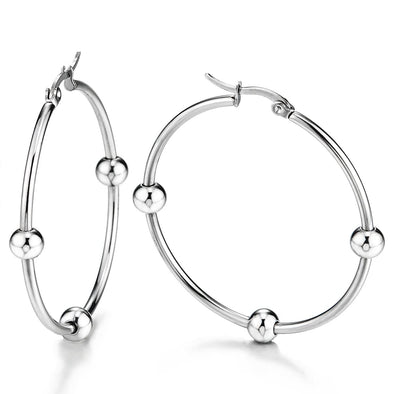 Pair Stainless Steel Ball Circle Huggie Hinged Hoop Earrings for Women Silver Color - COOLSTEELANDBEYOND Jewelry