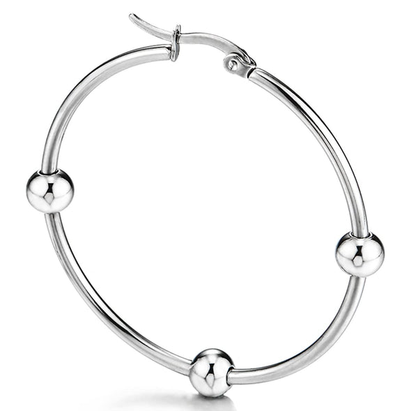 Pair Stainless Steel Ball Circle Huggie Hinged Hoop Earrings for Women Silver Color - COOLSTEELANDBEYOND Jewelry