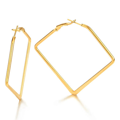 Pair Stainless Steel Gold Color Large Plain Square Huggie Hinged Hoop Earrings for Women - COOLSTEELANDBEYOND Jewelry
