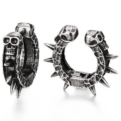 Pair Steel Skull Spike Circle Huggie Hinged Hoop Clip-on Earrings Men Women, Old Metal Treatment - COOLSTEELANDBEYOND Jewelry