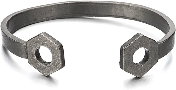 Retro Style Mens Hex Cap Screw Bangle Open Cuff Bracelet with Old Metal Finishing, Adjustable - COOLSTEELANDBEYOND Jewelry