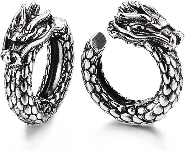 Retro Style Vintage Steel Dragon Scales Huggie Hinged Hoop Clip-on Earrings for Men Womens - COOLSTEELANDBEYOND Jewelry