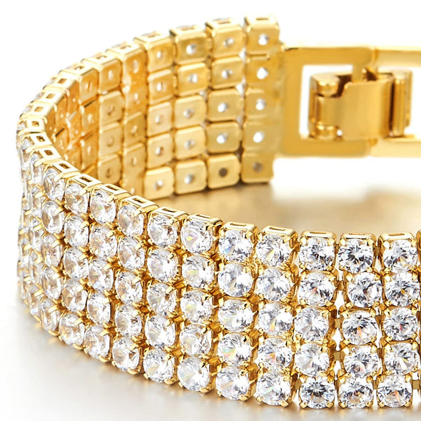 Sparkling Womens Crystal Rhinestones Cluster Cubic Zirconia Pave Wide Gold Color Bangle Bracelet - COOLSTEELANDBEYOND Jewelry
