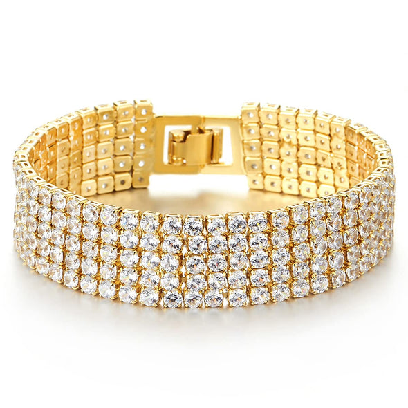 Sparkling Womens Crystal Rhinestones Cluster Cubic Zirconia Pave Wide Gold Color Bangle Bracelet - COOLSTEELANDBEYOND Jewelry