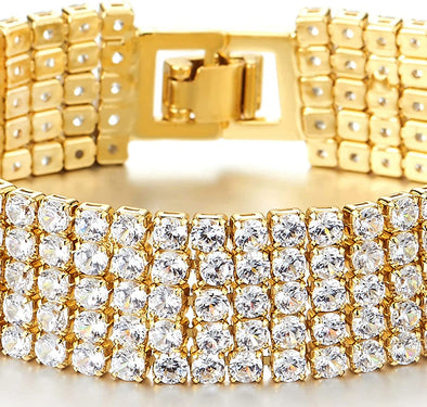 Sparkling Womens Crystal Rhinestones Cluster Cubic Zirconia Pave Wide Gold Color Bangle Bracelet - COOLSTEELANDBEYOND Jewelry