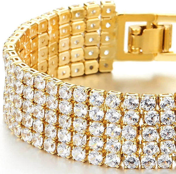 Sparkling Womens Crystal Rhinestones Cluster Cubic Zirconia Pave Wide Gold Color Bangle Bracelet - COOLSTEELANDBEYOND Jewelry