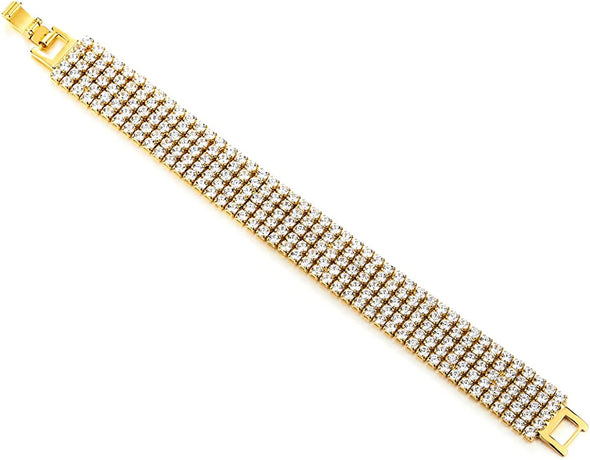 Sparkling Womens Crystal Rhinestones Cluster Cubic Zirconia Pave Wide Gold Color Bangle Bracelet - COOLSTEELANDBEYOND Jewelry