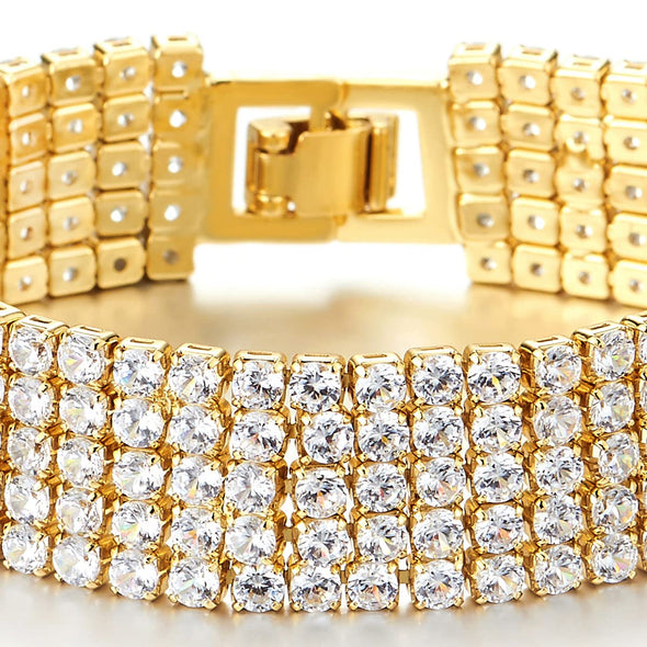 Sparkling Womens Crystal Rhinestones Cluster Cubic Zirconia Pave Wide Gold Color Bangle Bracelet - COOLSTEELANDBEYOND Jewelry