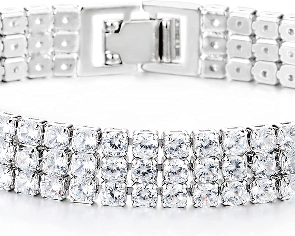 Sparkling Womens Three Rows Crystal Rhinestones Cluster Cubic Zirconia Pave Bangle Bracelet - COOLSTEELANDBEYOND Jewelry