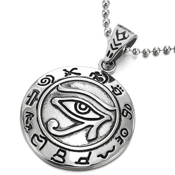 Stainless Steel Circle Evil Eye Medal Pendant Necklace for Men Women, 23.6 inch Ball Chain - COOLSTEELANDBEYOND Jewelry